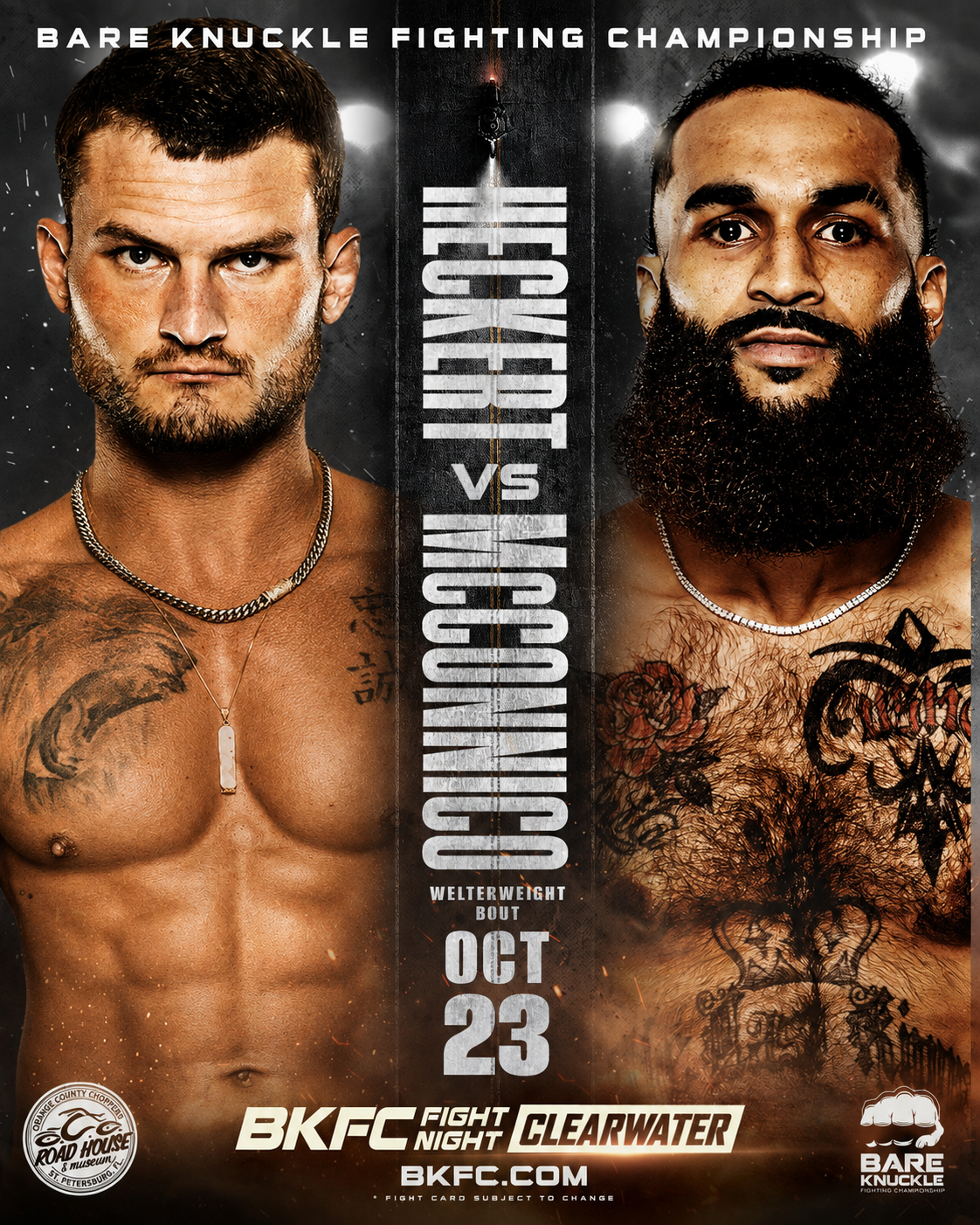 Official BKFC Fight Night Clearwater 4 poster: Mike Heckert vs Rickie McConnico, welterweight bout, October 23
